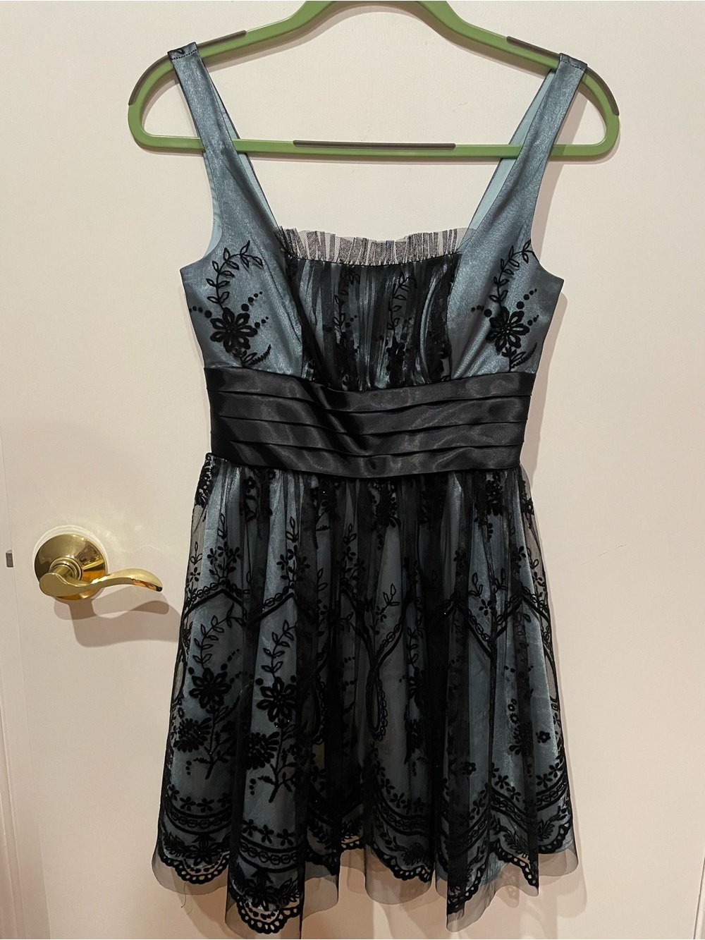 Morgan & Co. Slate Blue Satin Dress with Black Lace Overlay